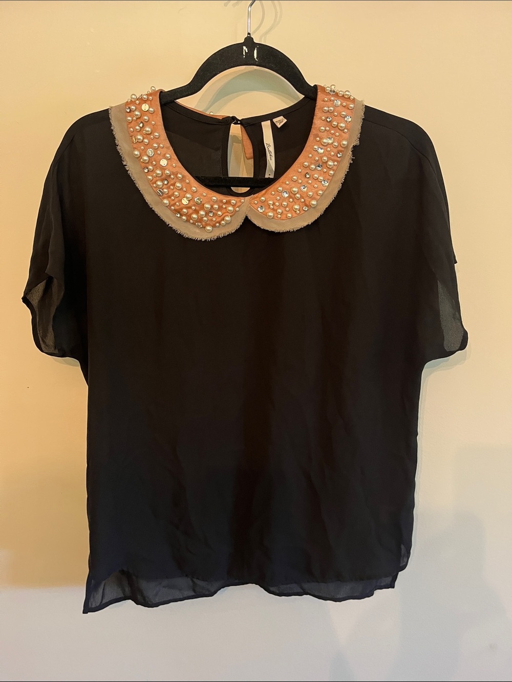 Bellatrix Black Blouse with soft Peach Pearl-Embellished Peter Pan Collar